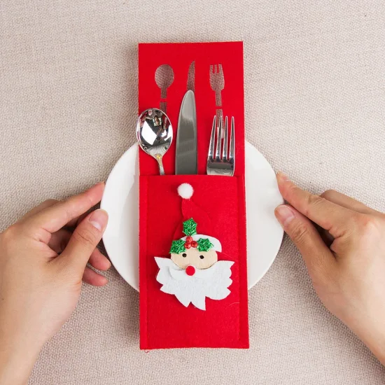 Saco de talheres de feltro para faca e garfo de desenho animado para decoração de mesa de Natal